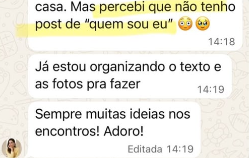 Print de conversa de WhatsApp com feedback positivo sobre as dores em comum e o grupo.